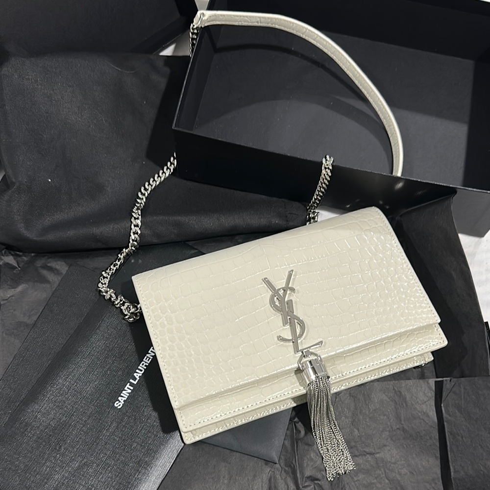 Saint Laurent White Croc-Embossed Leather Bag